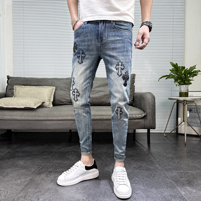 2025春秋季九分裤潮牌欧货十字架刺绣牛仔裤男潮流修身小脚长裤子