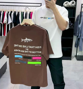 美式 t恤男港风潮流ins简约宽松百搭纯棉上衣 复古潮牌鲨鱼印花短袖