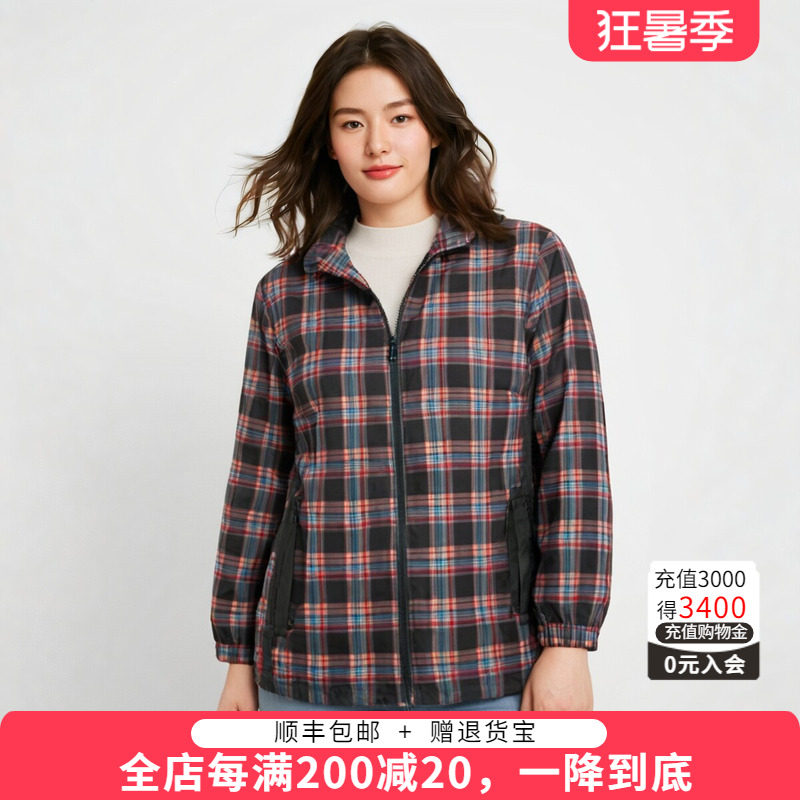 胖太太连帽宽松休闲格纹图案外套