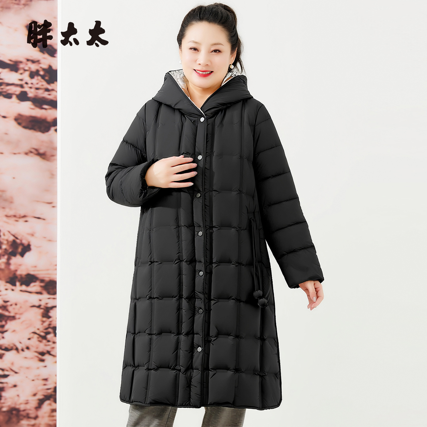 胖太太冬季新品长款连帽羽绒服