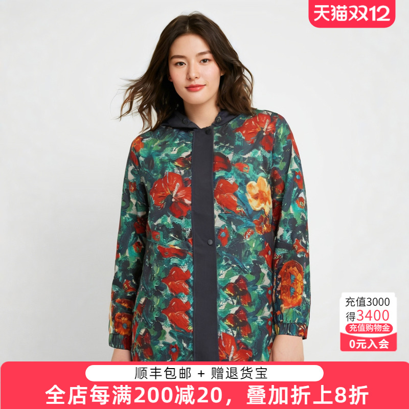连帽宽松胖太太花卉印花图案