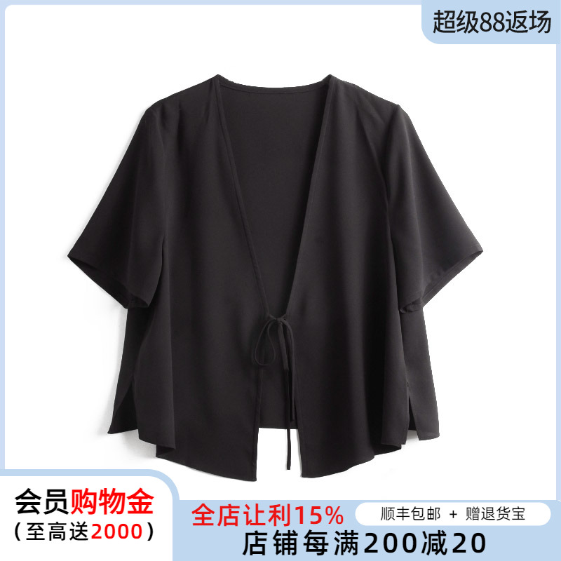 胖太太大码女装夏季新品雪纺V领系带显瘦上衣外搭短袖薄423118910