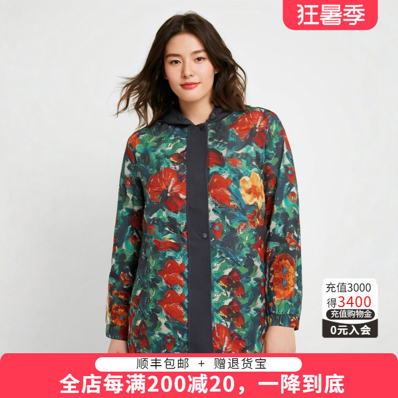 连帽宽松胖太太花卉印花图案