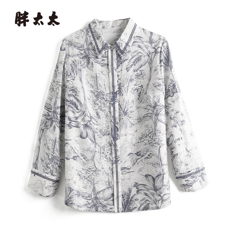 胖太太大码女装春秋新款青花瓷图案衬衫中长时尚宽松款825101511