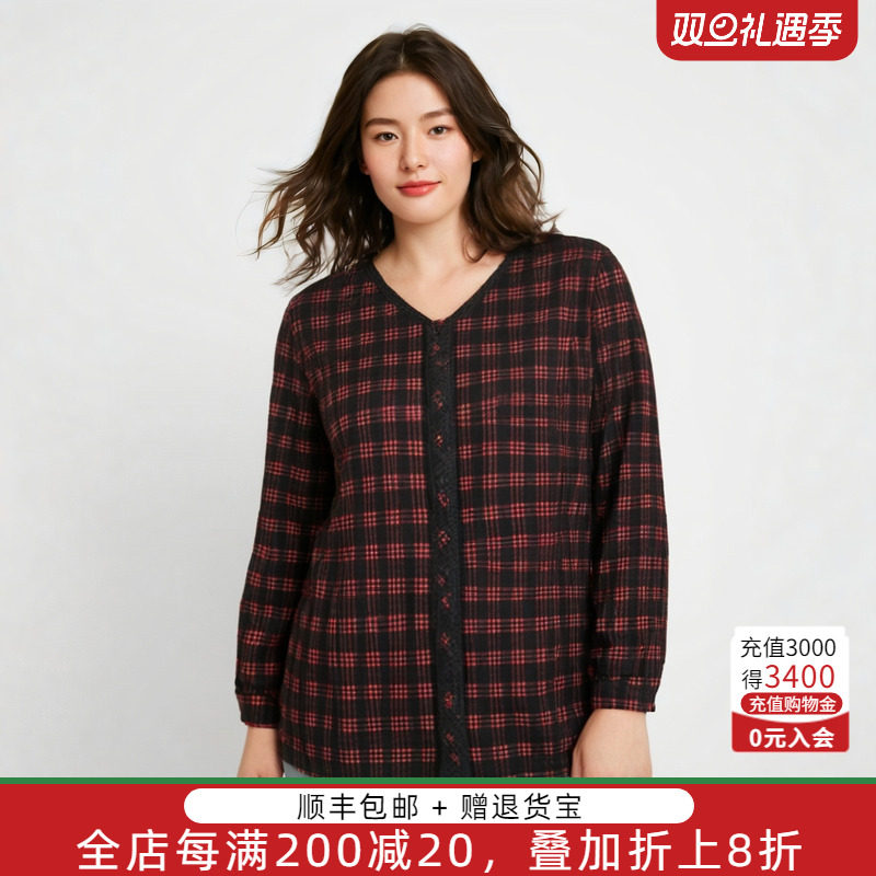 胖太太大码女装春装新款衬衫宽松红格V领显瘦妈妈上衣821304711
