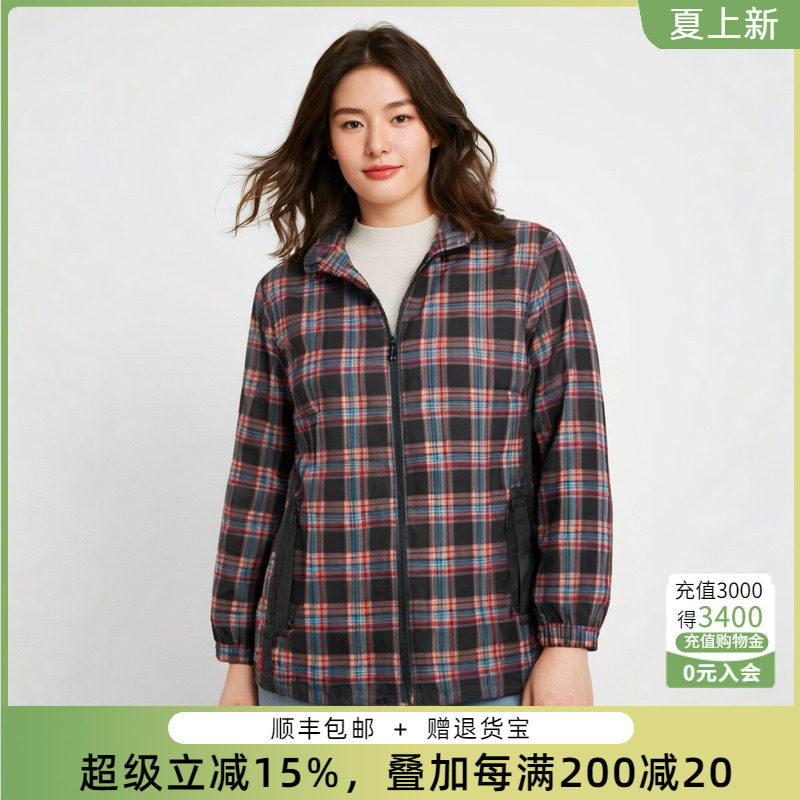胖太太连帽宽松休闲格纹图案外套