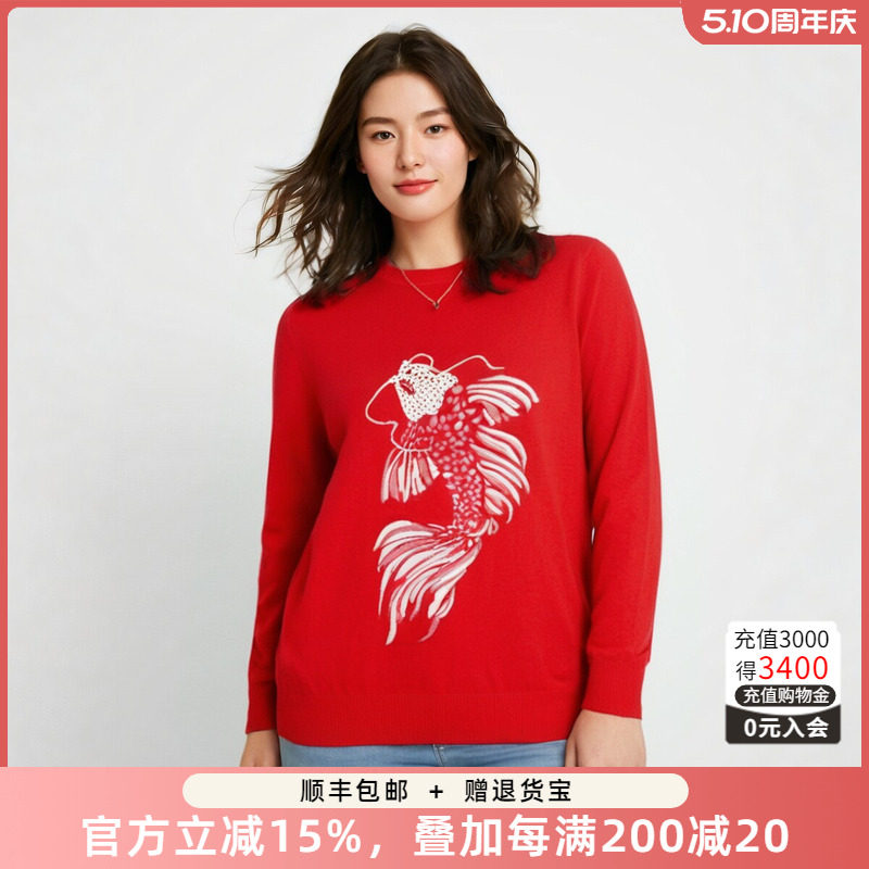 胖太太大码女装春装新款时尚圆领鱼图案针织毛衫上衣潮423114510