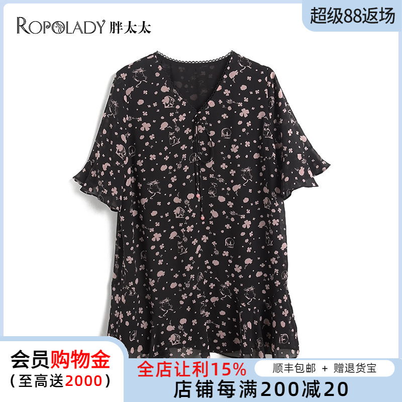 胖太太大码女装夏季新品时尚短袖碎花雪纺衫宽松上衣821204411