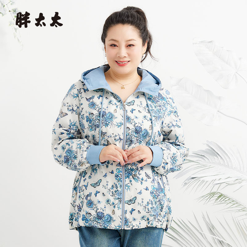 胖太太外套连帽碎花图案宽松