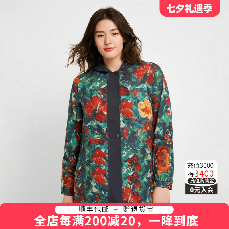 连帽宽松胖太太花卉印花图案