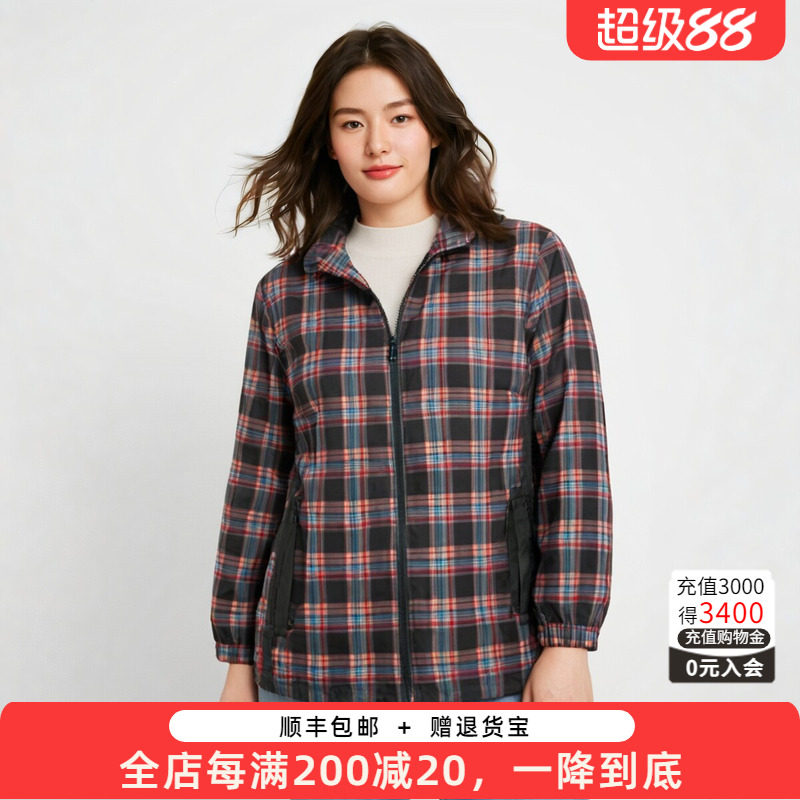 胖太太连帽宽松休闲格纹图案外套