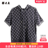 女装 夏季 新款 胖太太大码 格纹连帽T恤时尚 上衣宽松显瘦潮424216610