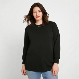 女装 新品 胖太太大码 秋季 824313511 宽松圆领长袖 上衣黑色简约款
