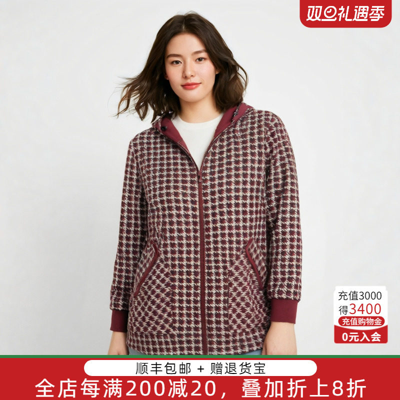 胖太太千鸟格图案连帽宽松休闲
