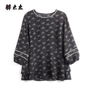 七分袖 胖太太大码 上衣t恤雪纺衫 女装 圆领荷叶边潮723102912 春夏季