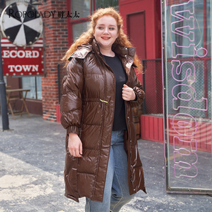 胖太太大码女装冬季新款咖色中长款保暖羽绒服连帽宽松521403510