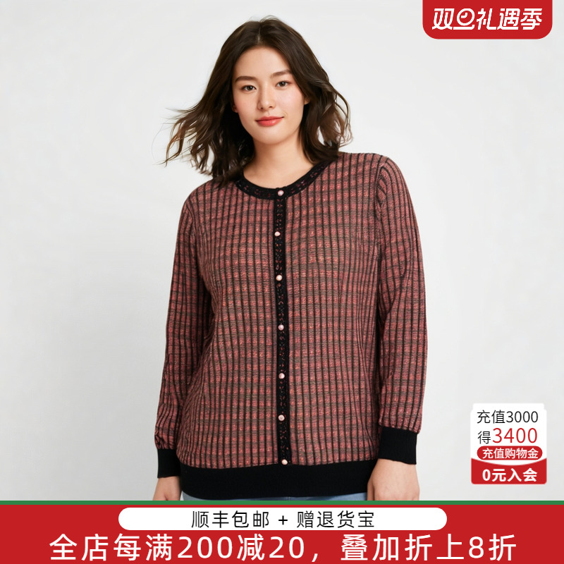 胖太太大码女装秋冬新款圆领镶钻撞色针织套头衫羊毛衫622303410