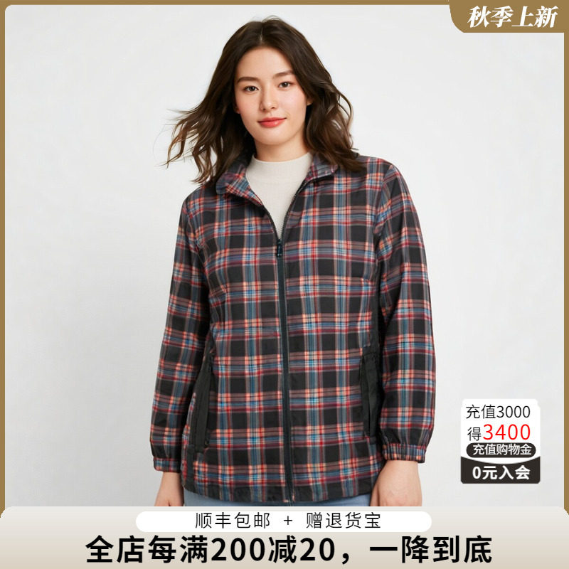 胖太太连帽宽松休闲格纹图案外套