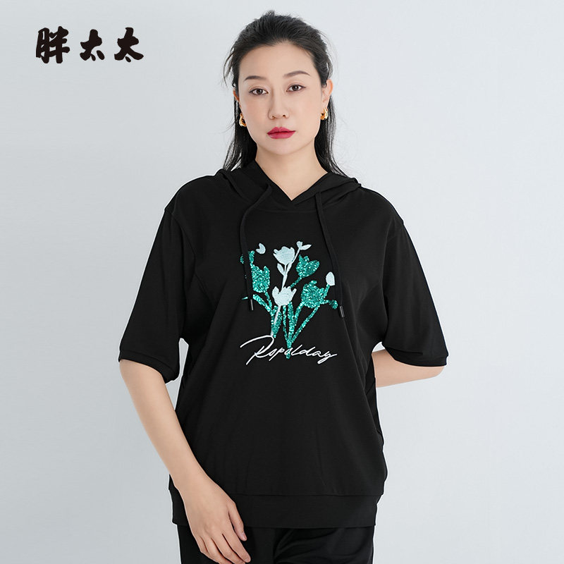 胖太太卫衣花朵图案宽松