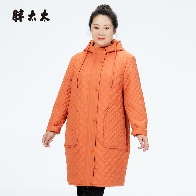 胖太太棉服中长款连帽贴兜