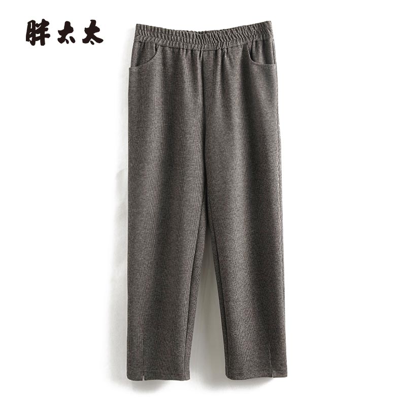 松紧腰休闲裤胖太太格纹