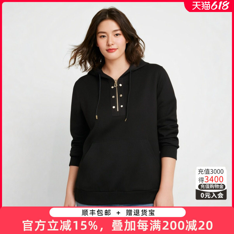 胖太太大码女装秋冬新款连帽纯色拉链装饰休闲宽松卫衣823303110