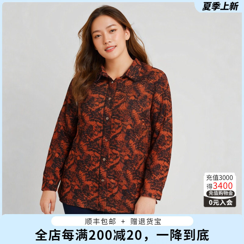 胖太太衬衫小翻领碎花图案舒适