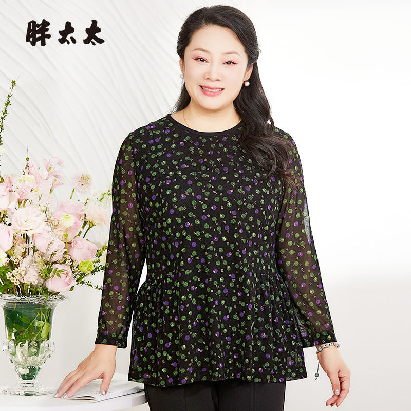 胖太太大码女装春季新品碎花图案休闲长袖T恤宽松小衫潮825220210