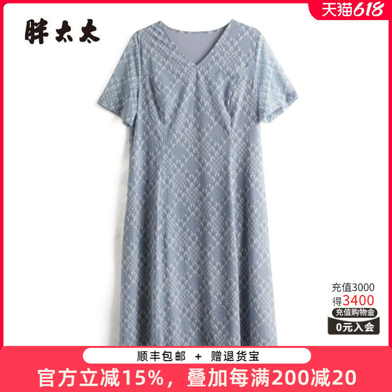 胖太太大码女装夏季新款V领花朵图案雪纺短袖中长连衣裙324215940