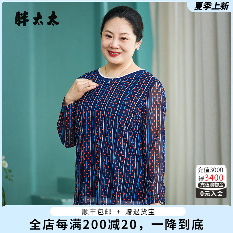 胖太太衬衫圆领波点深蓝色