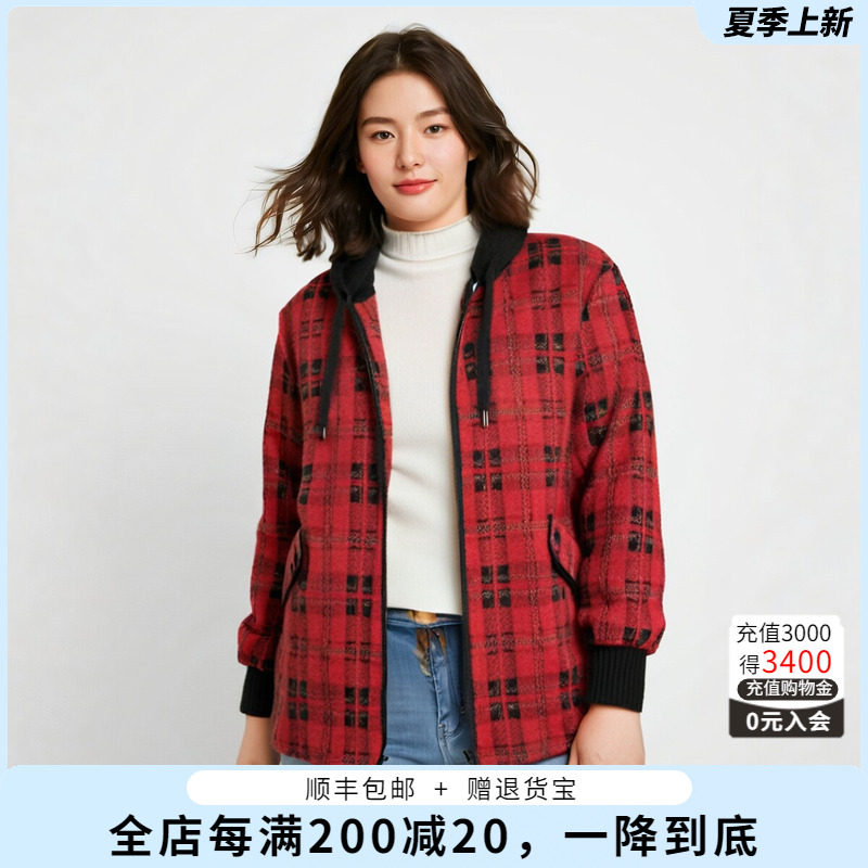 连帽外套胖太太格纹图案