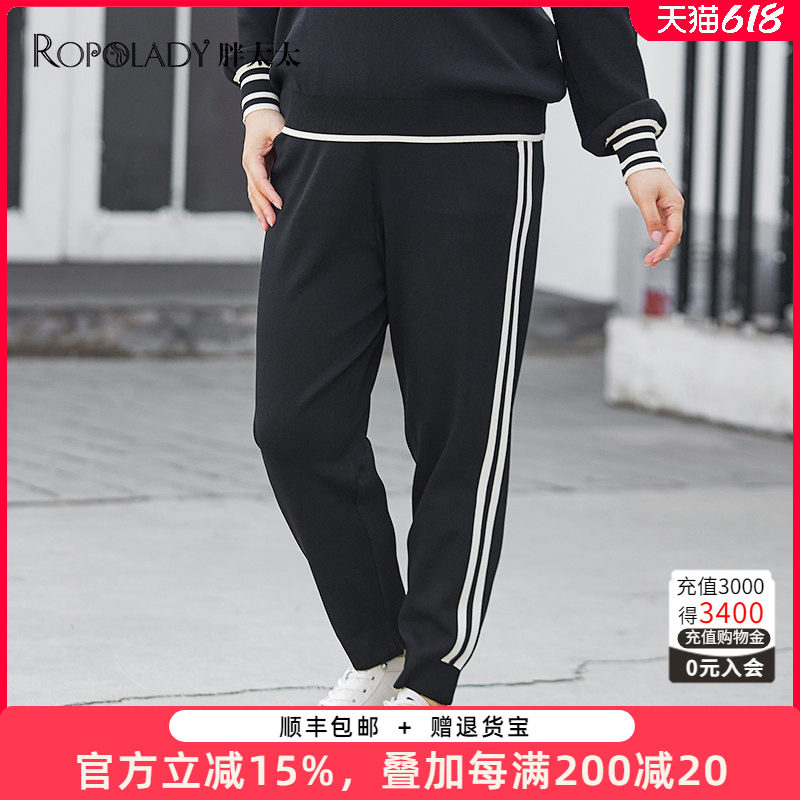 胖太太针织裤直筒宽松竖条装饰