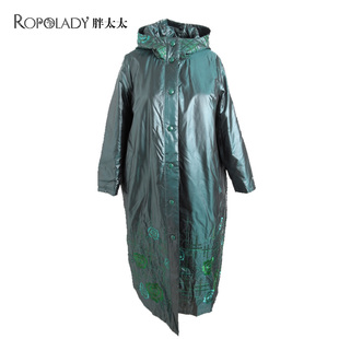 胖太太大码女装冬季新款中长保暖绣花连帽宽松棉衣418238810