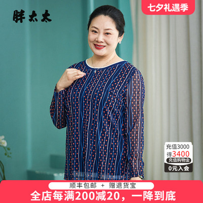 胖太太衬衫圆领波点深蓝色