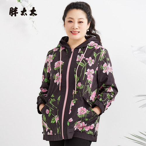 胖太太风衣连帽花朵图案宽松