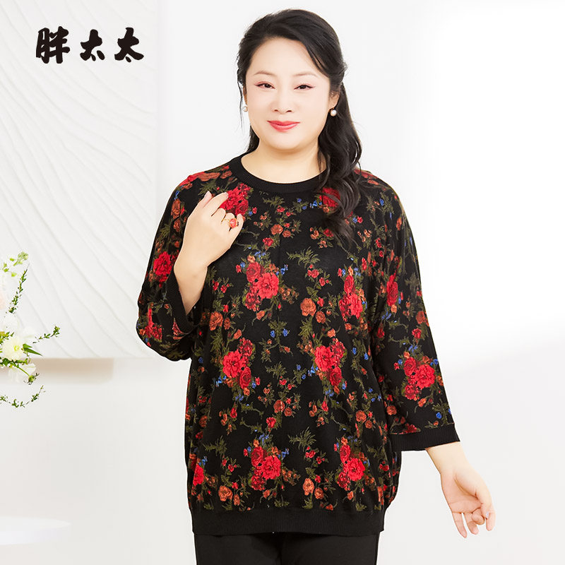 胖太太针织衫花朵图案