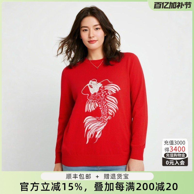 胖太太大码女装春装新款时尚圆领鱼图案针织毛衫上衣潮423114510