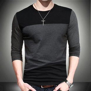 T恤男复古风潮流秋装 年轻人拼接撞色体恤衫 加大码 款 个性 纯棉长袖