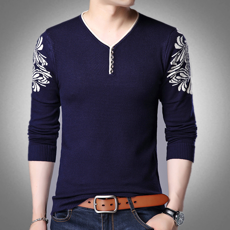 男士长袖针织衫中青年秋款民族风印花修身体恤毛衣深色打底软上衣