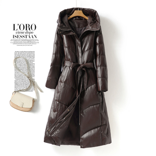 海宁皮衣女士中长款连帽系带收腰绵羊皮外套冬90白鸭绒真皮羽绒服