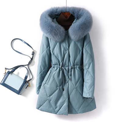 皮衣中长收腰毛领皮羽绒服小个子