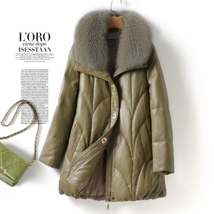 海宁皮衣女中长款狐狸毛领韩版加厚真皮外套冬90白鸭绒绵羊皮羽绒