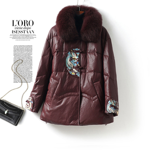 海宁真皮衣女常规狐狸毛领新中式 盘扣外套90白鸭绒春秋绵羊皮羽绒