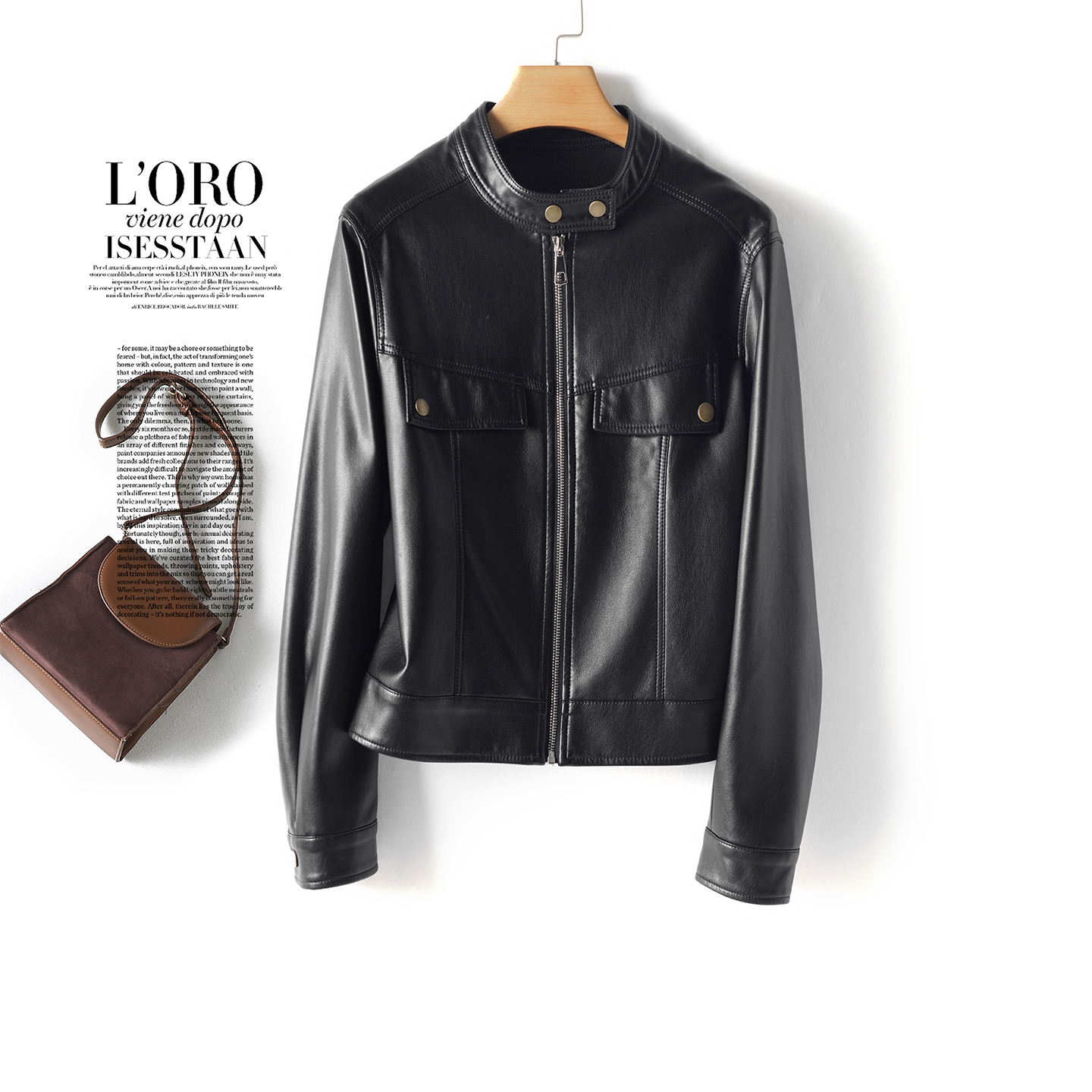 海宁短款立领黑色皮衣外套小个子