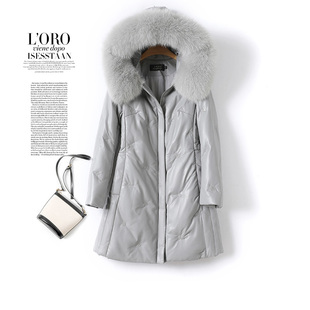 海宁真皮女皮衣 白鸭绒新款 绵羊皮外套中长款 连帽狐狸毛领加大码