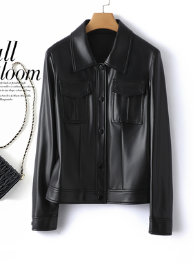 绵羊皮外套女短款皮夹克翻领黑色显瘦海宁新款2025女士皮衣小个子