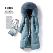 海宁真皮衣女外套中长款 连帽狐狸毛领90白鸭绒新款 绵羊皮羽绒服