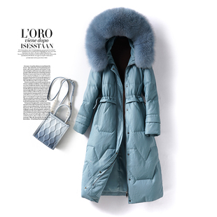 海宁真皮衣女外套中长款 绵羊皮羽绒服 连帽狐狸毛领90白鸭绒新款