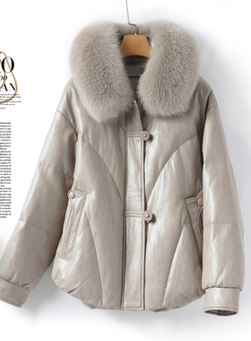 绵羊皮羽绒服女外套短款狐狸毛领韩版加厚皮夹克冬90白鸭绒真皮衣