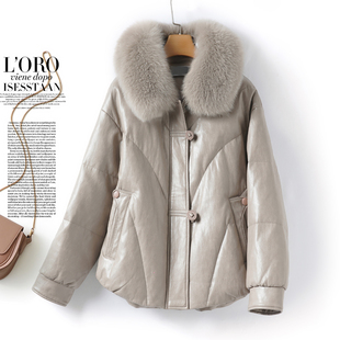 绵羊皮羽绒服女外套短款狐狸毛领韩版加厚皮夹克冬90白鸭绒真皮衣